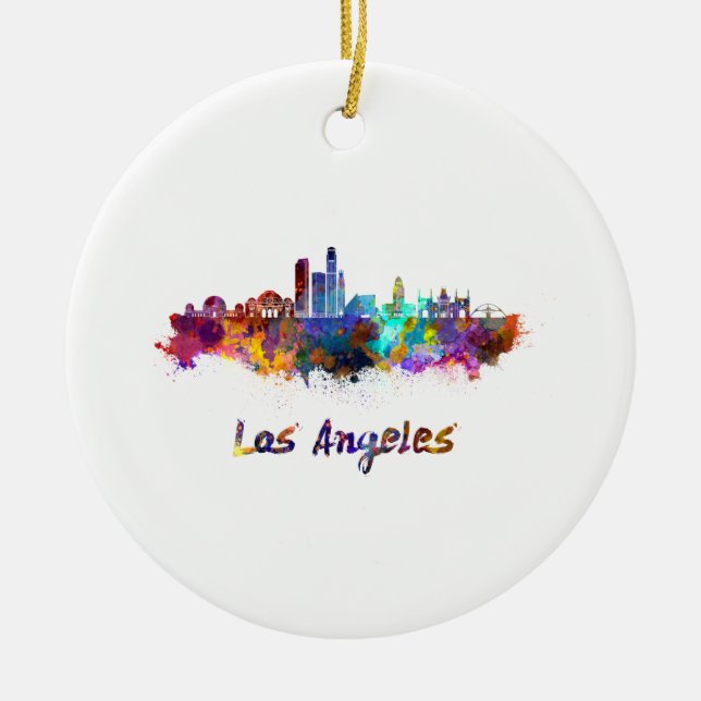Los Angeles skyline in watercolor Ceramic Tree Decoration (Front)