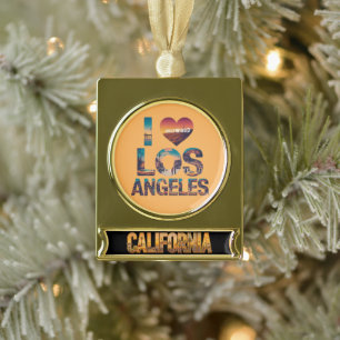 Los Angeles Skyline Sunset & Hollywood Typography  Gold Plated Banner Ornament