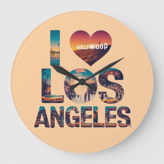 Los Angeles Skyline Sunset & Hollywood Typography  Large Clock (Front)