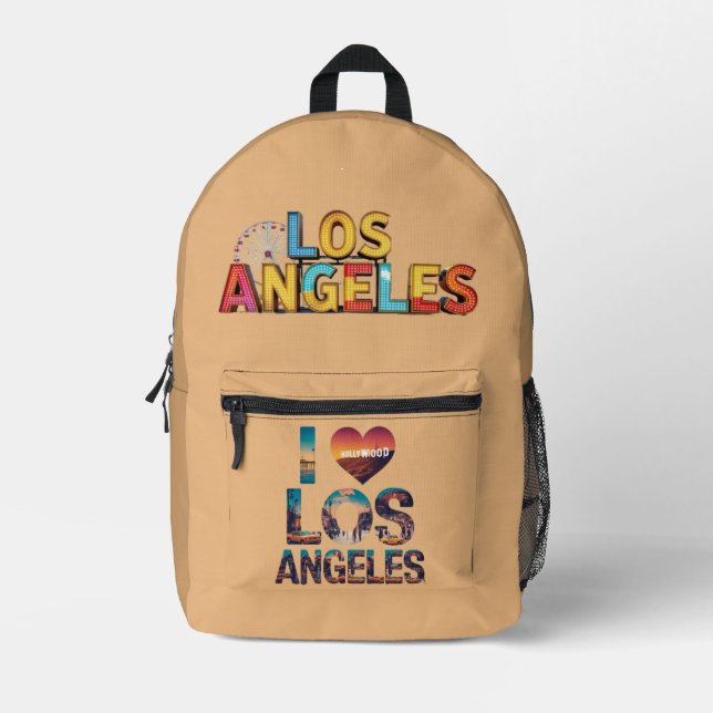 Los Angeles Skyline Sunset & Hollywood Typography  Printed Backpack (Front)