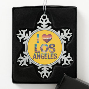 Los Angeles Skyline Sunset & Hollywood Typography  Snowflake Pewter Christmas Ornament