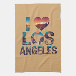 Los Angeles Skyline Sunset & Hollywood Typography Tea Towel