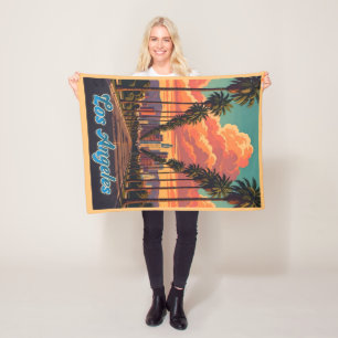 Los Angeles Skyline Sunset Palm Trees Fleece Blanket