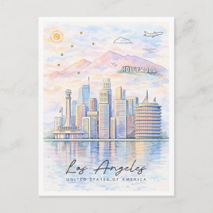 Los Angeles Skyline Watercolor LA Travel Holiday Postcard