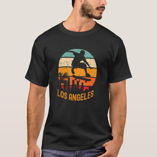 Los Angeles with skateboarder flying above with re T-Shirt (Front)