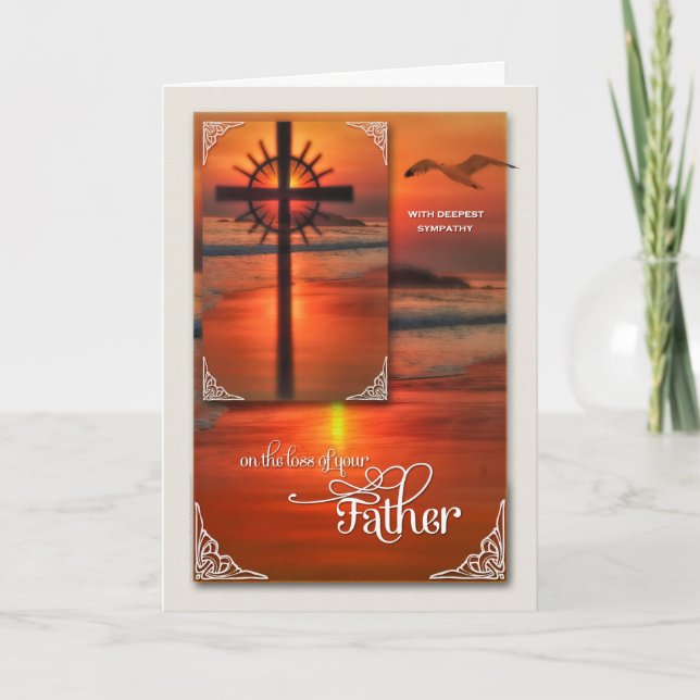 Loss of a Father Sympathy Sunset Cross Beach Card (Front)
