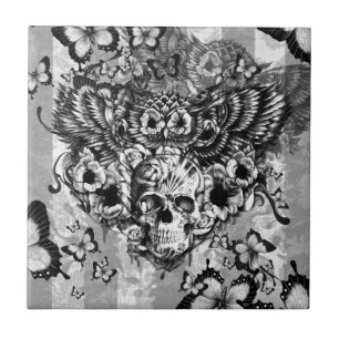 Lost and found, floral owl with sugar skull ceramic tile