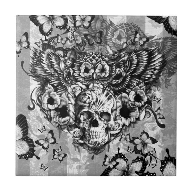 Lost and found, floral owl with sugar skull ceramic tile (Front)