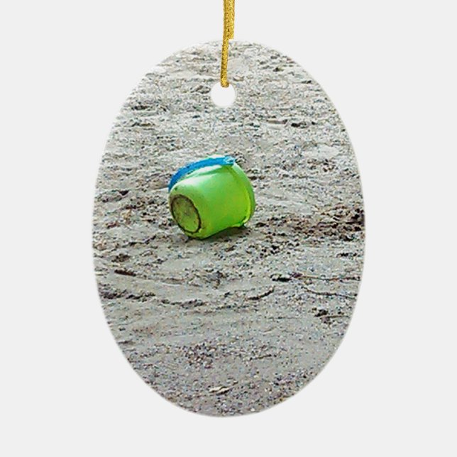 Lost Green Bucket in Sand on Summer Beach Ceramic Ornament (Front)