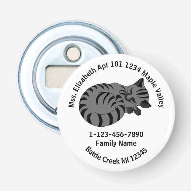 Lost Grey Tabby Kitten Family Home Address Bottle Opener (Front)