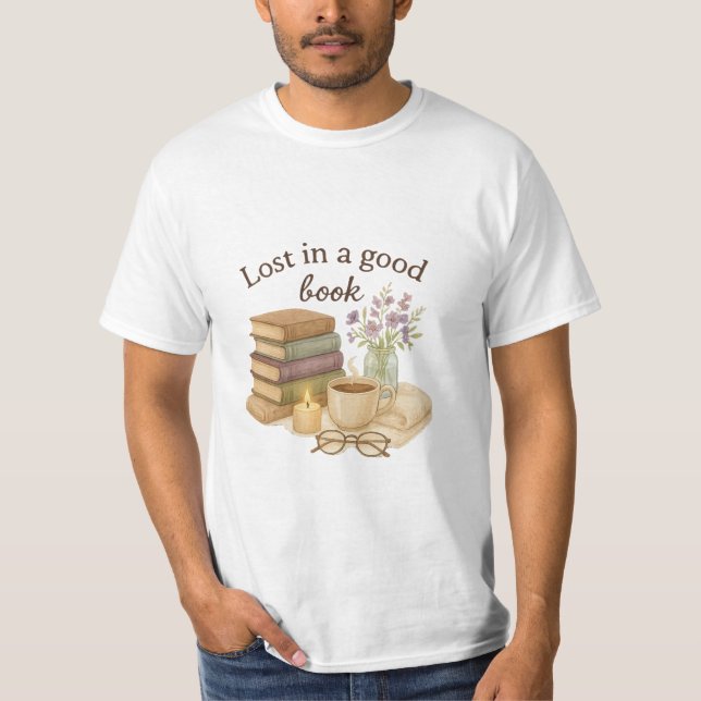 Lost in a Good Book – Cozy Reading Lover Watercolo T-Shirt (Front)