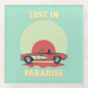 Lost in Paradise – Retro Convertible Sunset Summer Glass Coaster