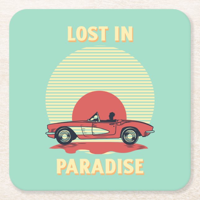 Lost in Paradise – Retro Convertible Sunset Summer Square Paper Coaster (Front)