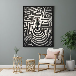 Lost in the Maze Abstract Black-and-White Art Poster