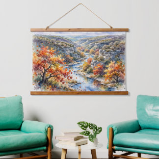 Lost Maples Autumn River Watercolor Hanging Tapestry
