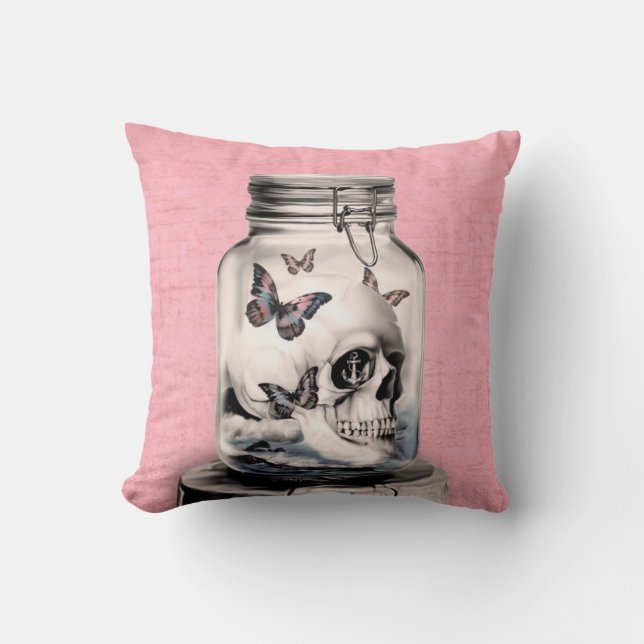 Lost thoughts, skull in jar cushion (Front)