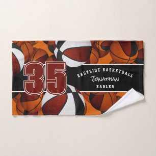 Lots of basketballs black maroon team colours hand towel