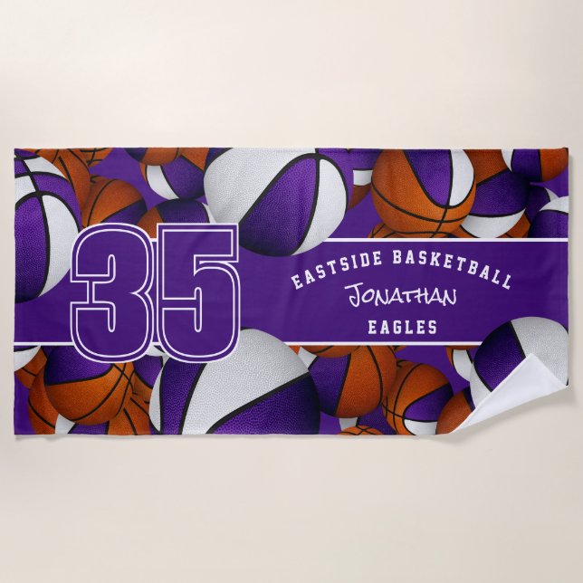 Lots of basketballs custom team name purple white beach towel (Front)
