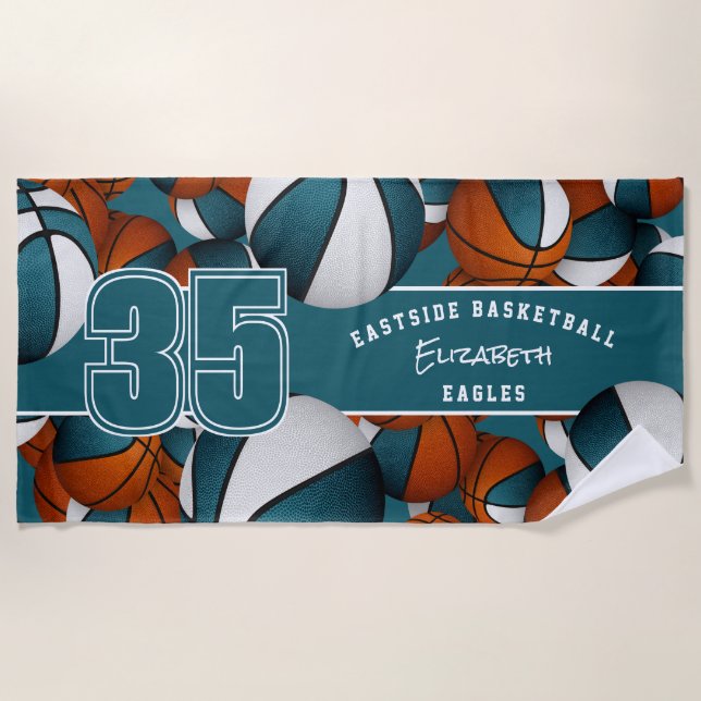 Lots of basketballs custom team name teal white beach towel (Front)