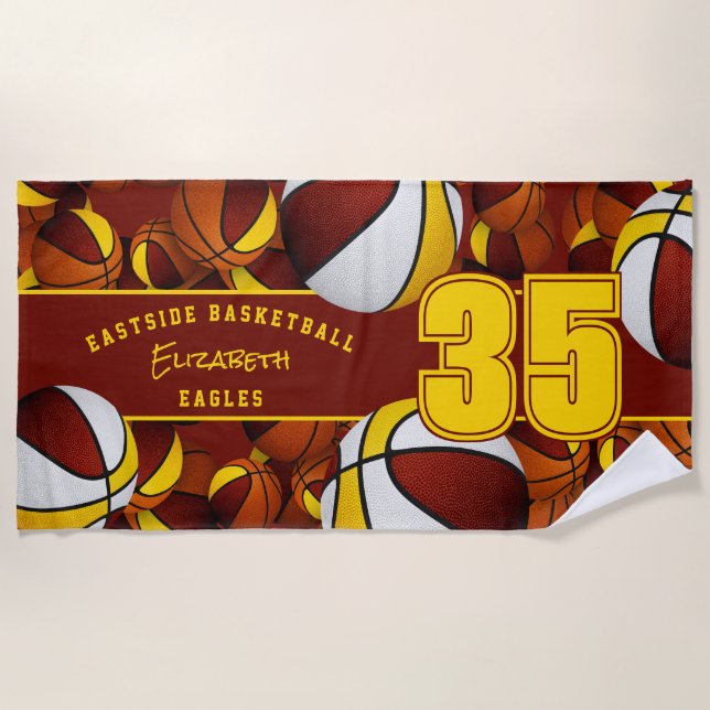 Lots of basketballs maroon gold kids team colours beach towel (Front)