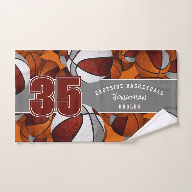 Lots of basketballs maroon grey kids team colours hand towel (Hand Towel)
