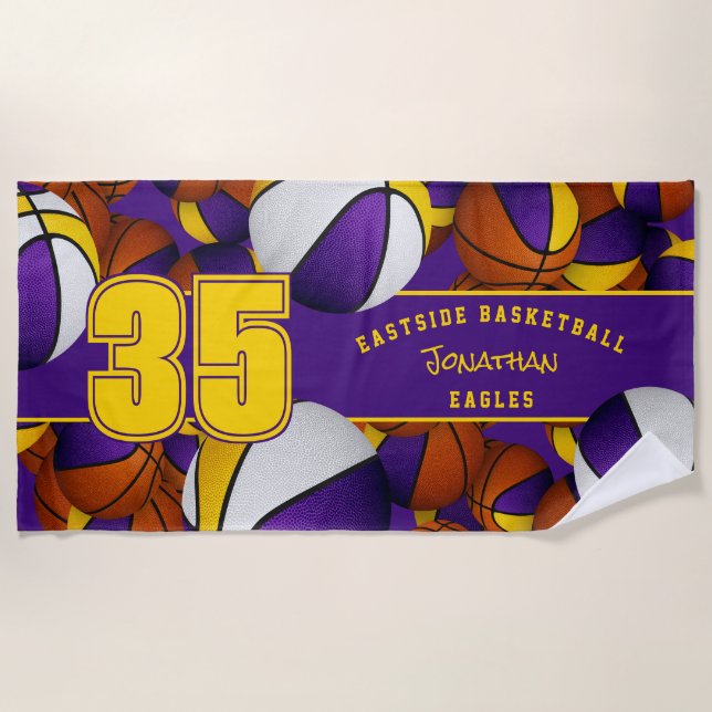 Lots of basketballs purple gold team colours beach towel (Front)