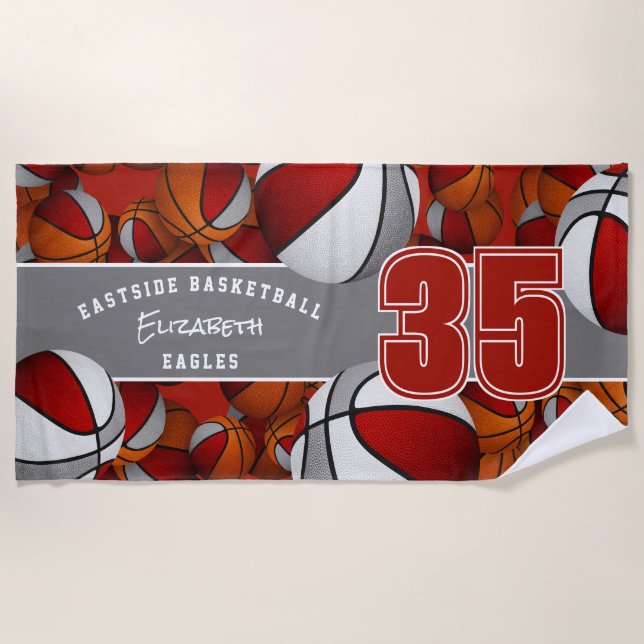 Lots of basketballs red grey kids team spirit beach towel (Front)
