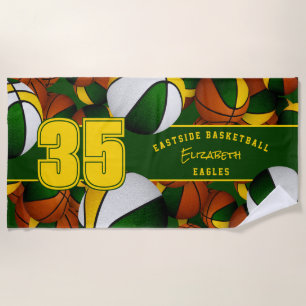 Lots of basketballs with player name green gold beach towel