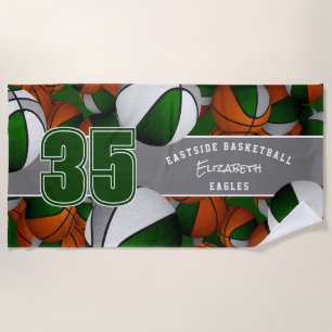 Lots of basketballs with player name green grey beach towel