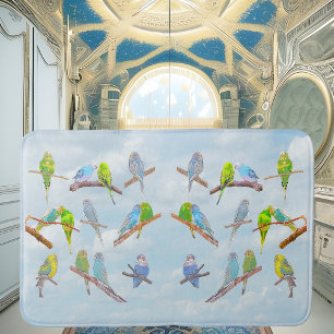 Lots of colourful parakeets - cute little birds    bath mat