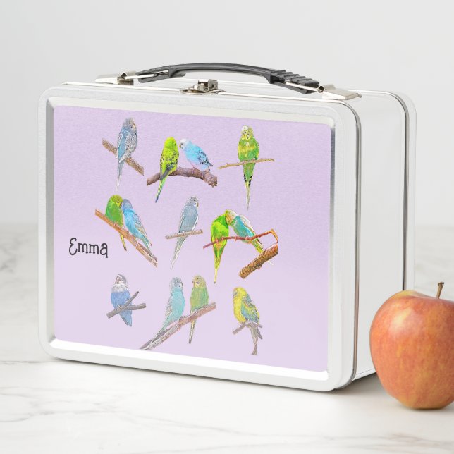 Lots of colourful parakeets  metal lunch box (In Situ)