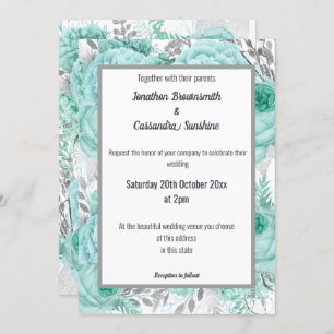 LOTS OF FLORAL PRETTY AQUA SILVER WHITE WEDDING INVITATION