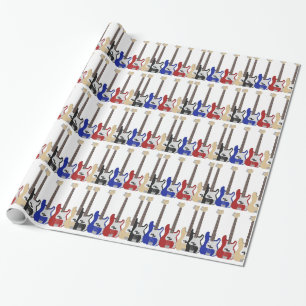 Lots of guitars, gift wrap. wrapping paper