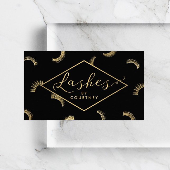 Lots of Lashes Pattern Lash Salon Black/Gold Business Card (Creator Uploaded)