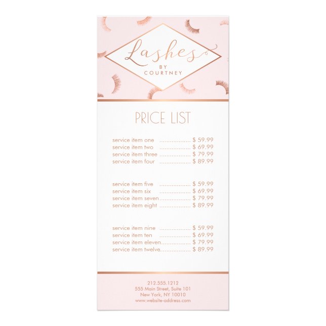 Lots of Lashes Pattern Lash Salon Pink/Rose Gold Rack Card (Front)