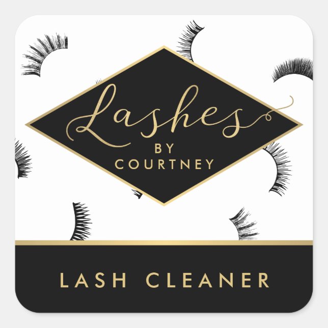 Lots of Lashes Pattern Lash Salon White/Black/Gold Square Sticker (Front)