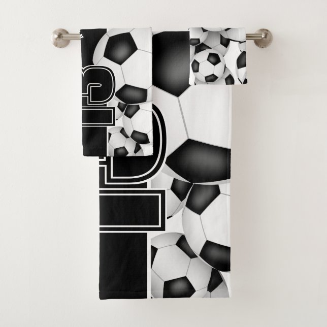 Lots of soccer balls custom team name bath towel set (Insitu)