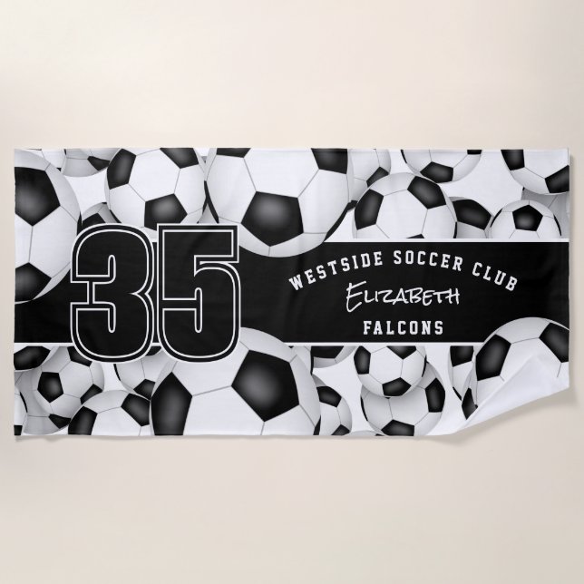 Lots of soccer balls custom team name beach towel (Front)