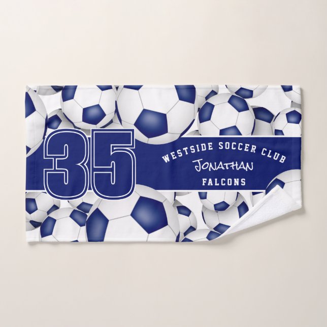 Lots of soccer balls custom team name blue hand towel (Hand Towel)