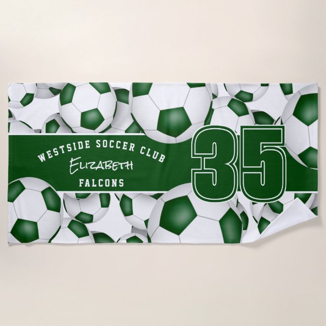 Lots of soccer balls custom team name green white beach towel (Front)