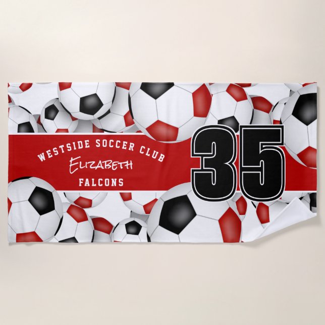Lots of soccer balls custom team name red black beach towel (Front)