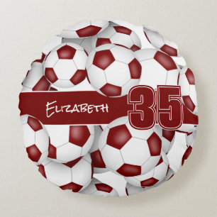 Lots of soccer balls maroon sports room decor round cushion