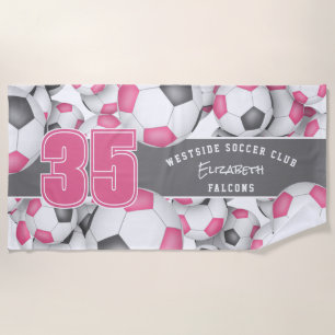 Lots of soccer balls pink grey team athlete name beach towel