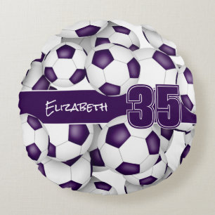 Lots of soccer balls purple sports room decor round cushion