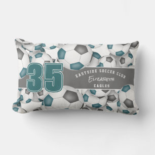 Lots of soccer balls teal grey soccer club colours lumbar cushion
