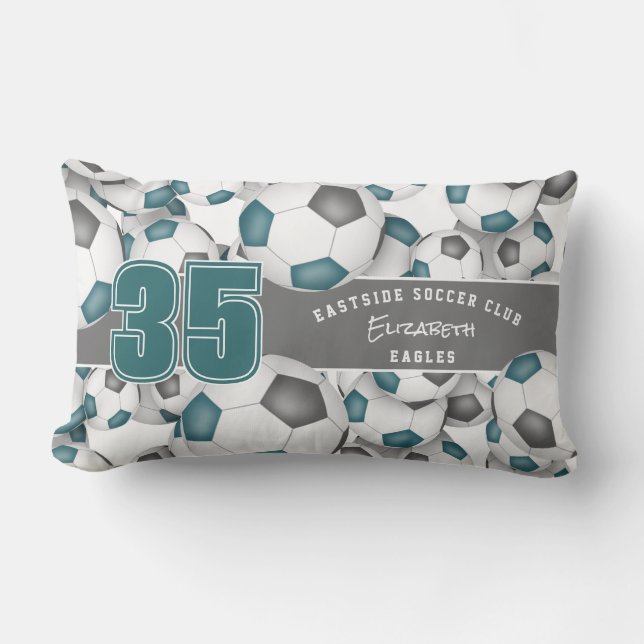 Lots of soccer balls teal grey soccer club colours lumbar cushion (Front)
