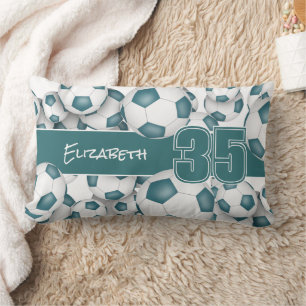 Lots of soccer balls teal sports room decor lumbar cushion