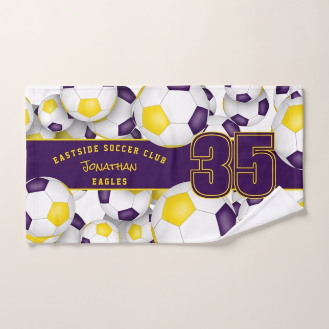 Lots of soccer balls team athlete name purple gold hand towel (Hand Towel)