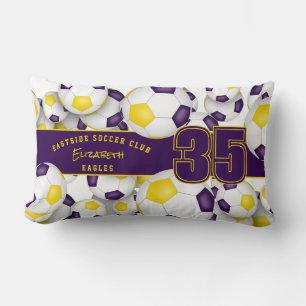 Lots of soccer balls team athlete name purple gold lumbar cushion