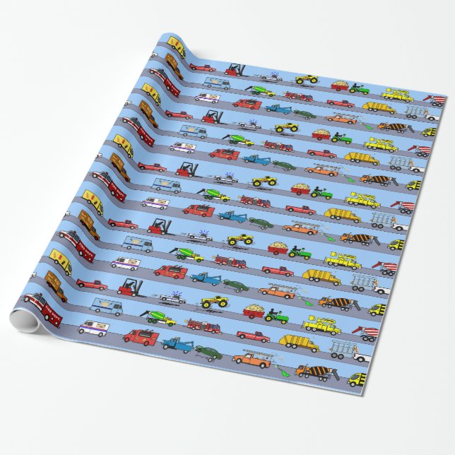 Lots of Trucks Fun Kids Gift Wrapping Paper (Unrolled)